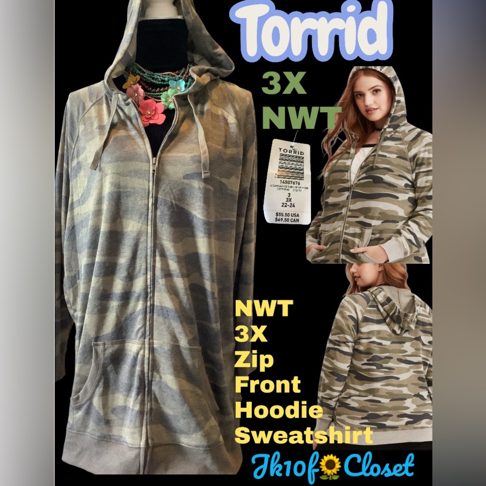 LOWEST🌺 NWT TORRID 3X GREEN CAMO DIP DYE ZIP FRONT HOODIE SWEATSHIRT